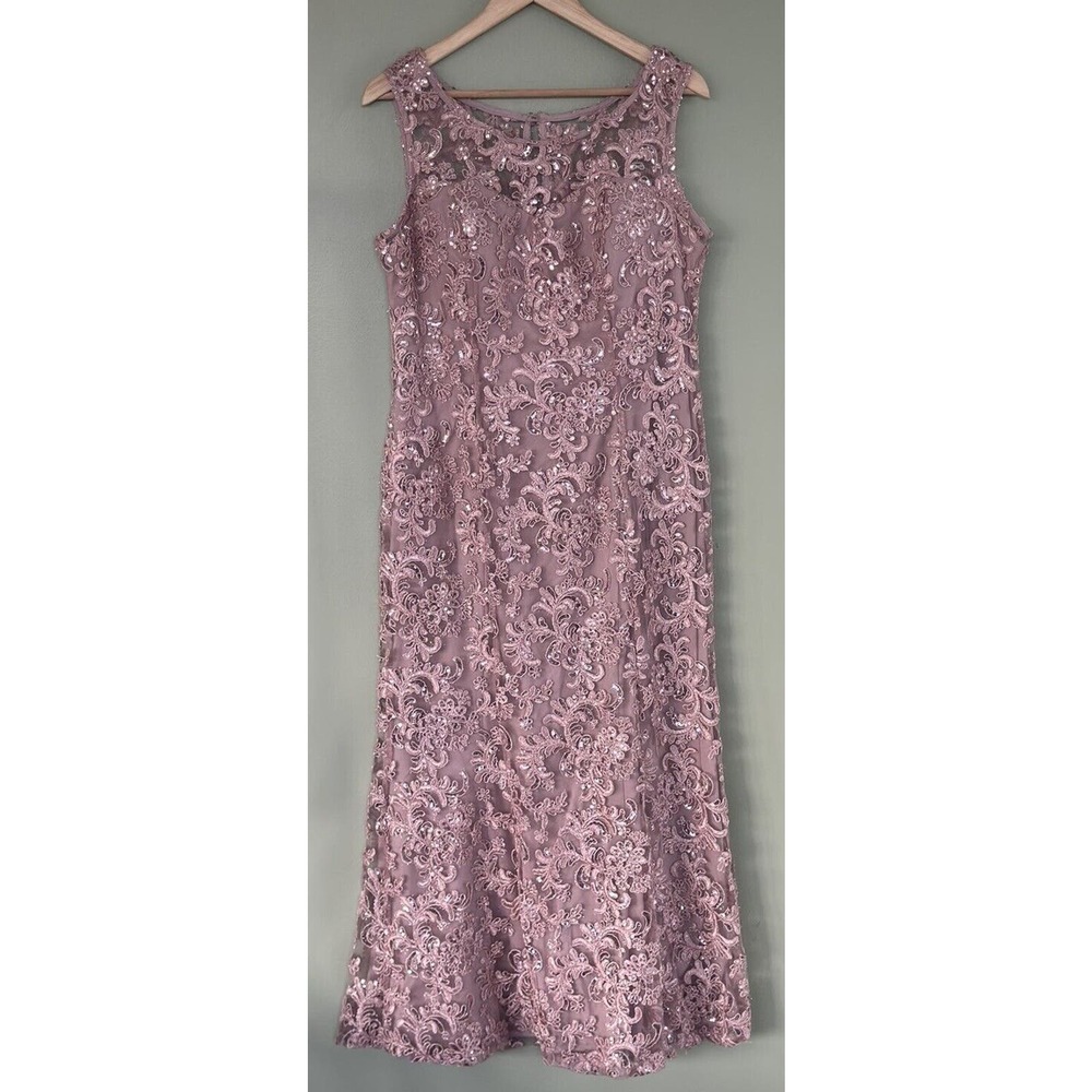 Alex Evenings Dress Gown Midi Size 12 Embroidered Formal Illusion Neckline Pink - Picture 4 of 8